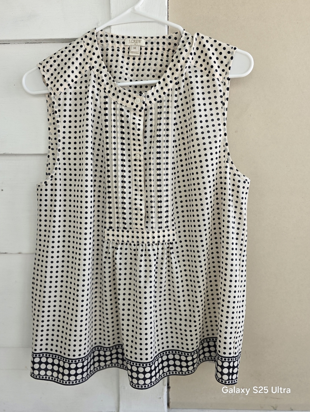 J. Crew Cream & Black Polka Dot Sleeveless Top with Pintuck Front